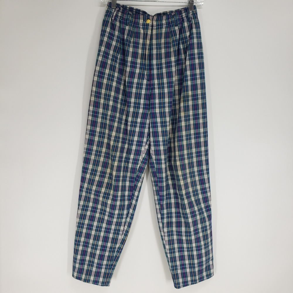 Vintage 90s Line-Up Plaid Tapered Trousers Pants Women S Blue Green High Waist